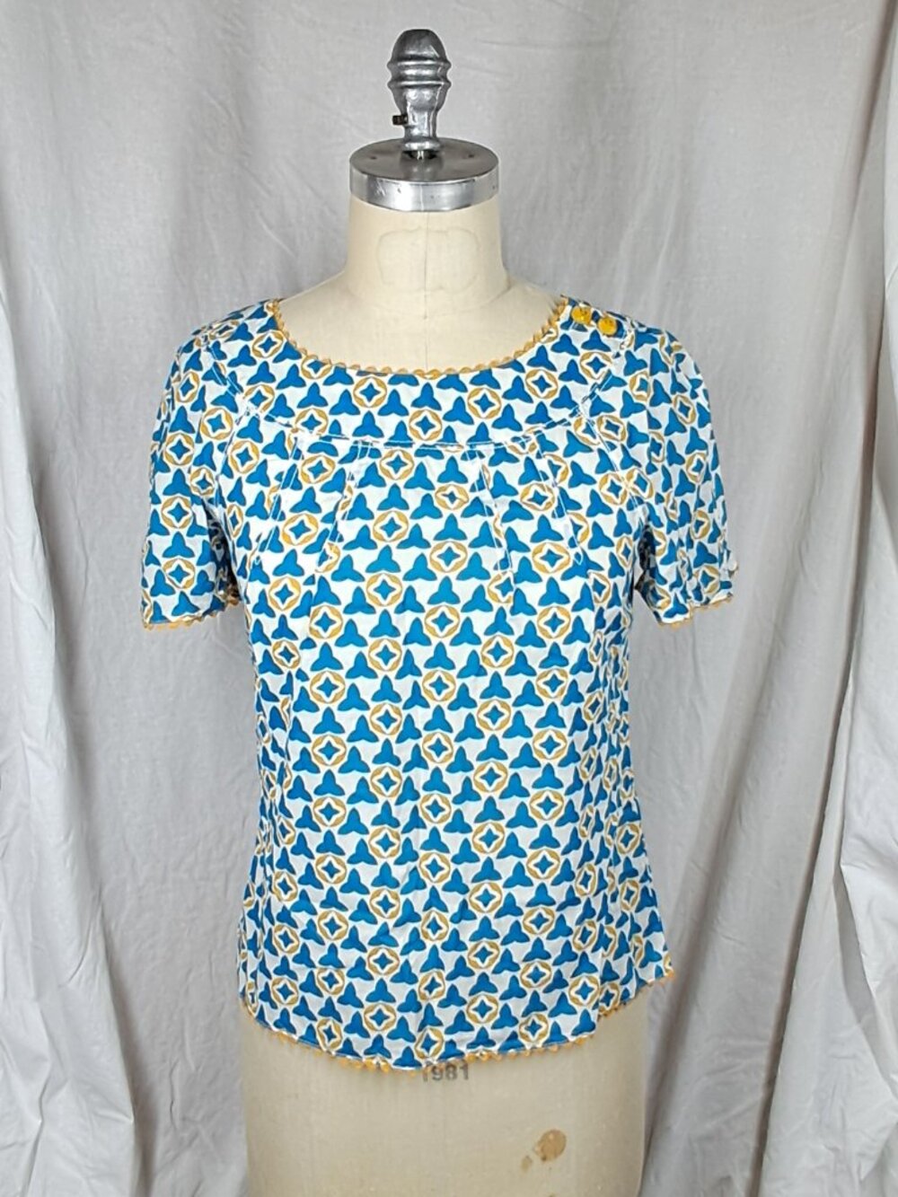 Tory Burch Teal Gold Button Collar Short Sleeve Lightweight Shirt Size 2